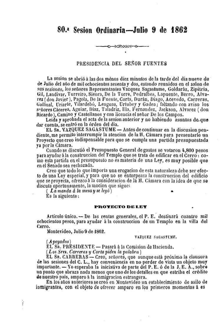 DIARIO DE SESIONES DE LA CAMARA DE REPRESENTANTES del 09/07/1862
